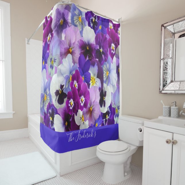 Personalize Purple Blue White Floral Pansy Flowers Shower Curtain (In Situ)