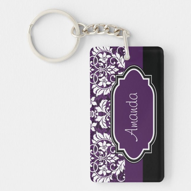 Personalize Purple Damask Keychain (Front)