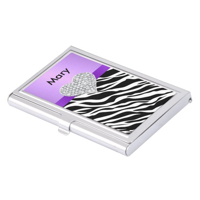 Personalize Purple Diamond Heart Zebra Card Holder (Front)