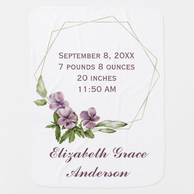 Personalize Purple Greenery Floral Birth Stats  Baby Blanket (Front)