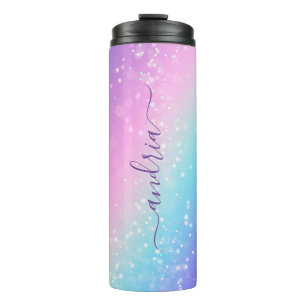 Personalize Purple Script Name on Bokeh Stars Thermal Tumbler