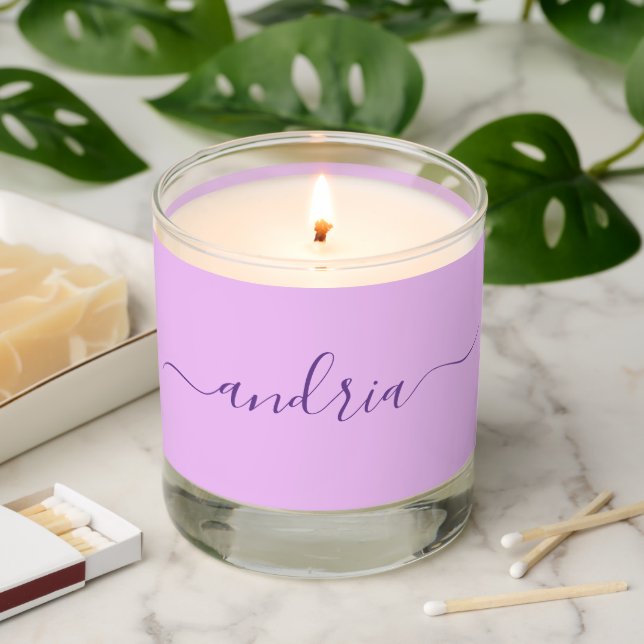 Personalize Purple Script Name on Lavender Scented Candle (Lit)