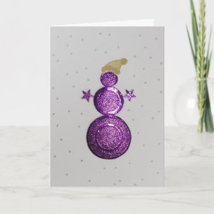 Personalize Purple snowman and silver stars Holiday Card