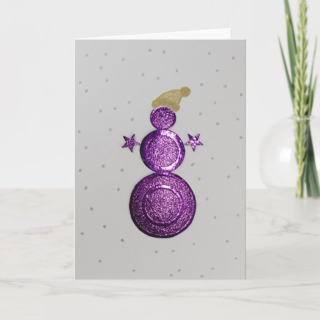 Personalize Purple snowman and silver stars Holiday Card (Front)