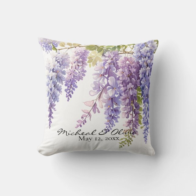 Personalize purple watercolor wisteria floral  throw pillow (Front)