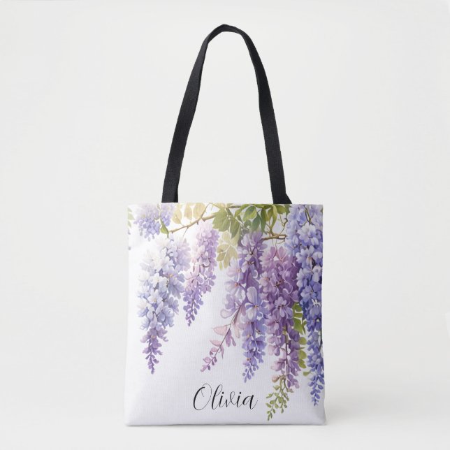 Personalize purple watercolor wisteria  floral  tote bag (Front)