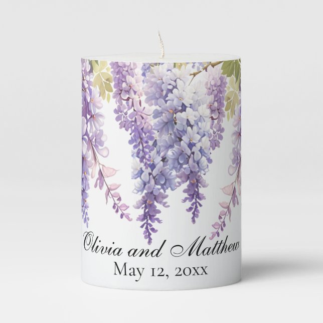 Personalize purple watercolor wisteria purple  pillar candle (Front)