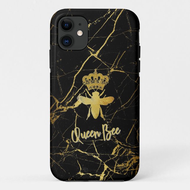 Personalize QUEEN BEE Gold Black Marble Phone Case (Back)