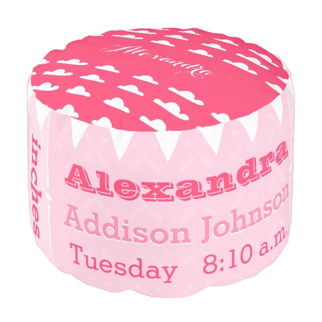 Personalize Raspberry Pink Birth Record Cloud pouf (Angled Back)