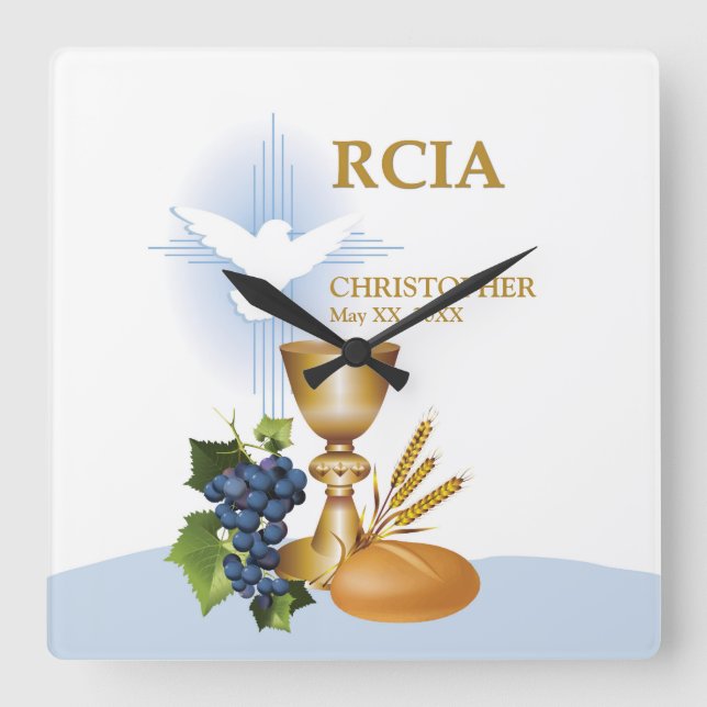 Personalize, RCIA Congrats Catholic Sacrament Square Wall Clock (Front)