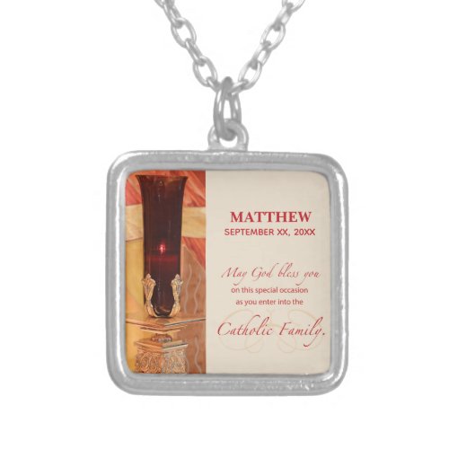 Personalize RCIA Congratulations Catholic Red Silver Plated Necklace