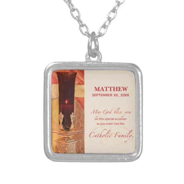 Personalize, RCIA Congratulations, Catholic, Red Silver Plated Necklace (Front)