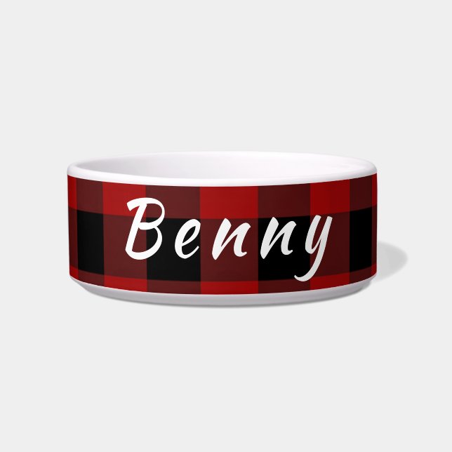 Personalize Red and Black Buffalo Plaid Pet Bowl (Front)