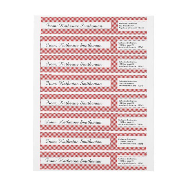 Personalize: Red and White Gingham Check Pattern Wrap Around Label (Sheet)