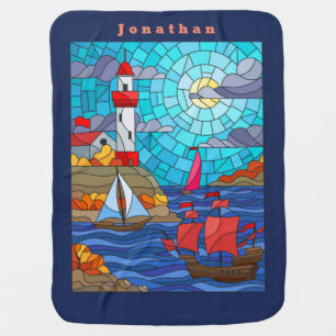 Personalize Red and White Lighthouse and Ships Baby Blanket