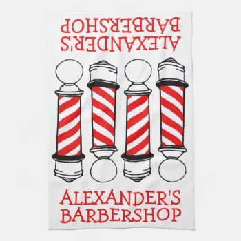 Personalize Red Barbershop Bar  Kitchen Towel by BarbeeAnne at Zazzle