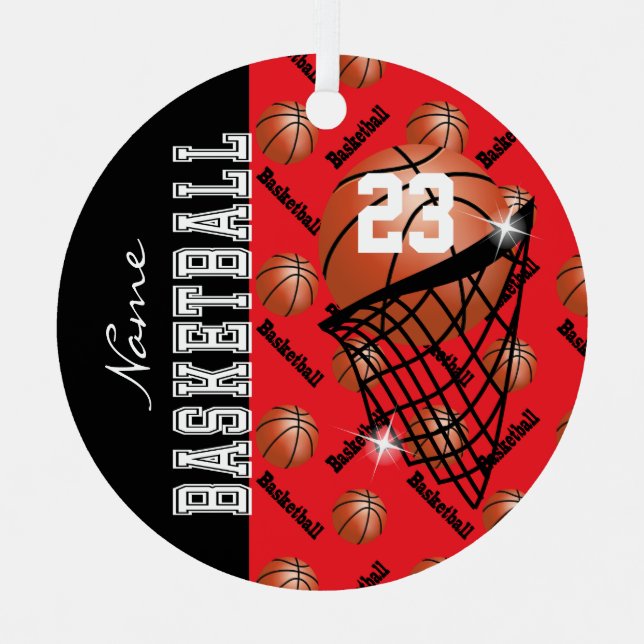 Personalize Red Basketball Metal Ornament (Front)