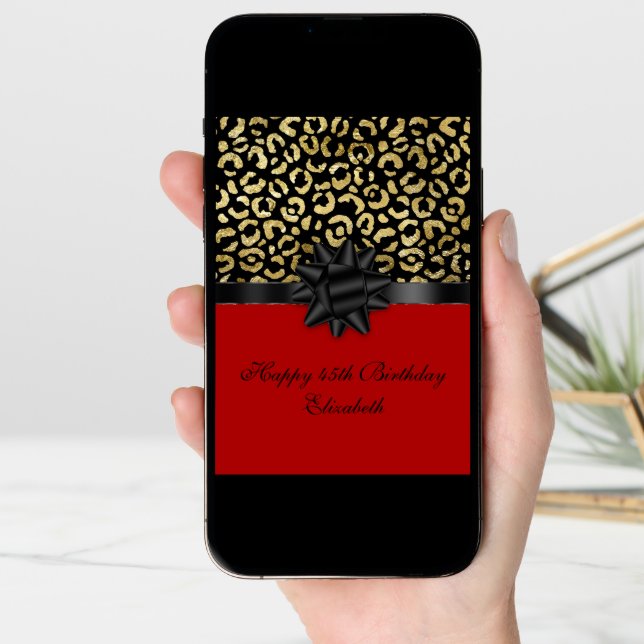 Personalize Red Black Gold Leopard Print Birthday Card (Front Digital)
