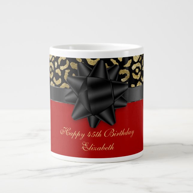 Personalize Red Black Gold Leopard Print Birthday Giant Coffee Mug (Front)