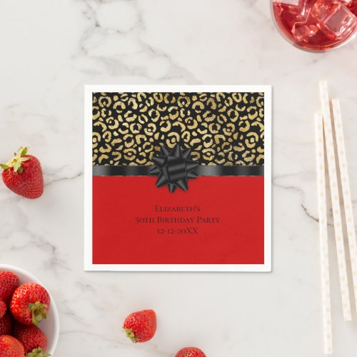 Personalize Red Black Gold Leopard Print Birthday Napkins
