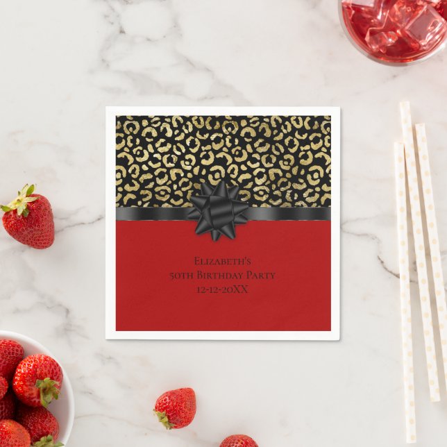 Personalize Red Black Gold Leopard Print Birthday Napkins (Insitu)
