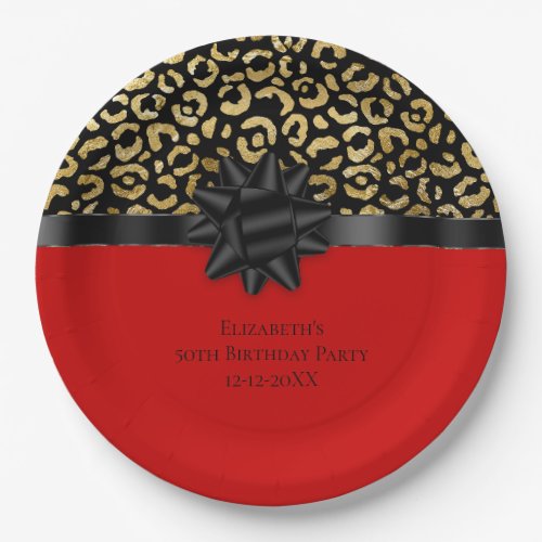 Personalize Red Black Gold Leopard Print Birthday Paper Plates