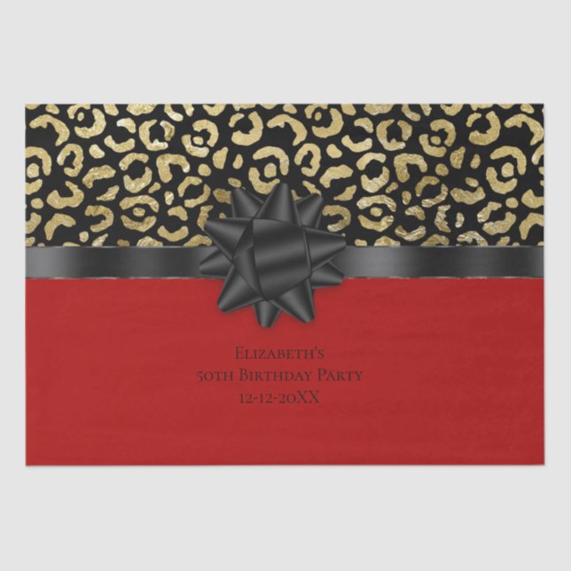 Personalize Red Black Gold Leopard Print Birthday Tissue Paper (Front)