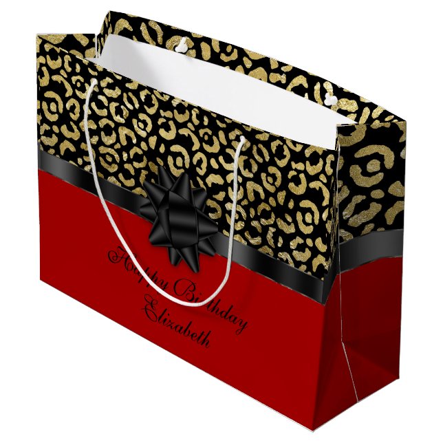 Personalize Red Black Gold Leopard Print Elegant Large Gift Bag (Back Angled)