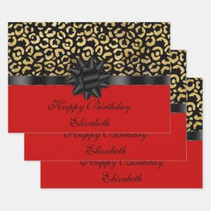 Personalize Red Black Gold Leopard Print Elegant  Wrapping Paper Sheets
