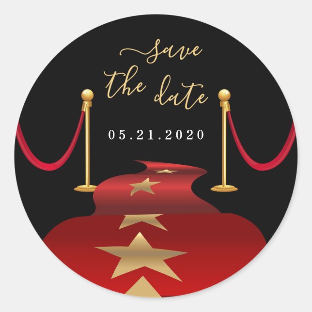 Personalize Red Carpet Themed Party Save the Date Classic Round Sticker (Front)