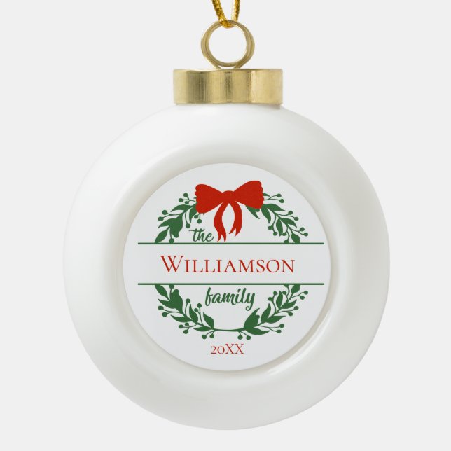 Personalize Red Green Wreath Family Name Christmas Ceramic Ball Christmas Ornament (Front)