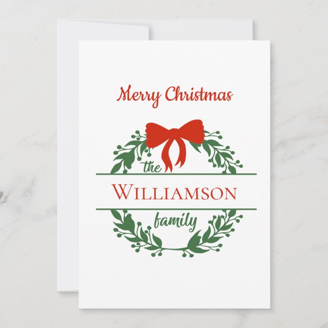 Personalize Red Green Wreath Family Name Christmas Holiday Card (Front)