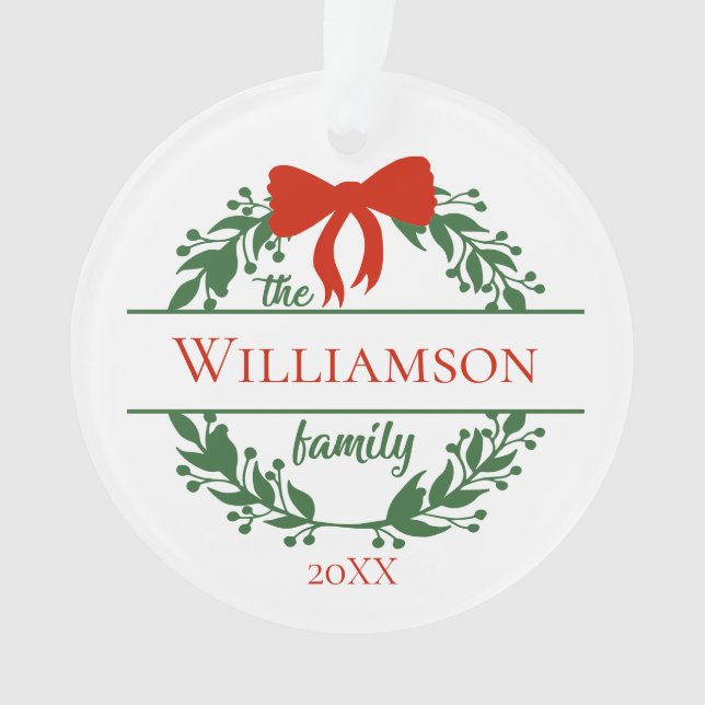 Personalize Red Green Wreath Family Name Christmas Ornament (Front)