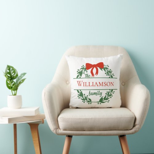 Personalize Red Green Wreath Family Name Christmas Throw Pillow