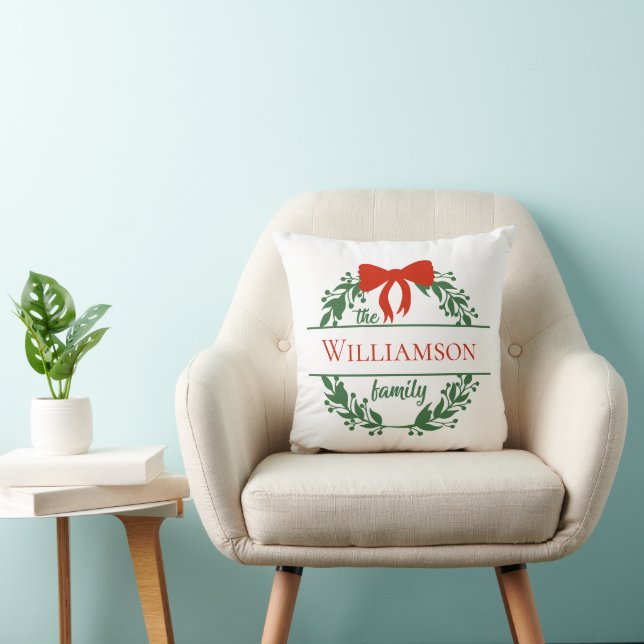 Personalize Red Green Wreath Family Name Christmas Throw Pillow (Chair)