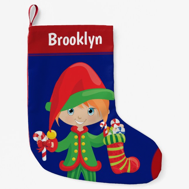 Personalize Red Hair Girl Elf Small Christmas Stocking (Front)