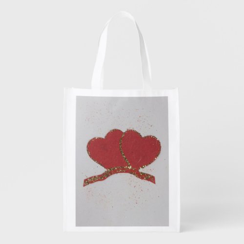 Personalize Red heart gold sparkle Valentines Grocery Bag