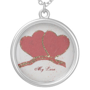 Personalize Red heart gold sparkle Valentine's Silver Plated Necklace