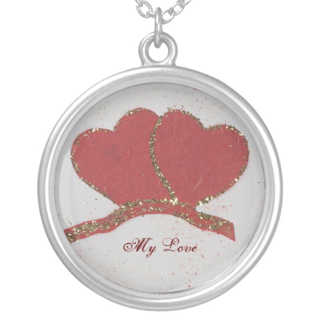 Personalize Red heart gold sparkle Valentine's Silver Plated Necklace (Front)