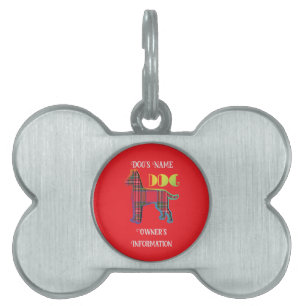 Personalize Red Plaid Red DOG Bone Pet ID Tag