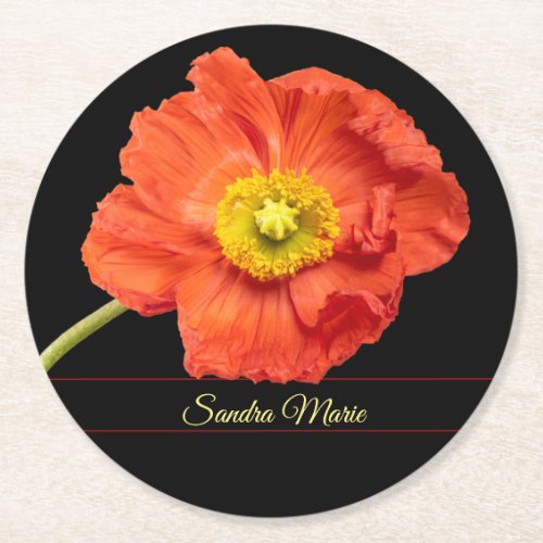 Personalize Red poppy flower  Round Paper Coaster