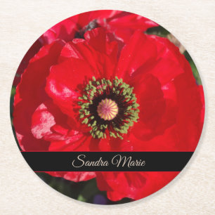 Personalize Red poppy flower Round Paper Coaster