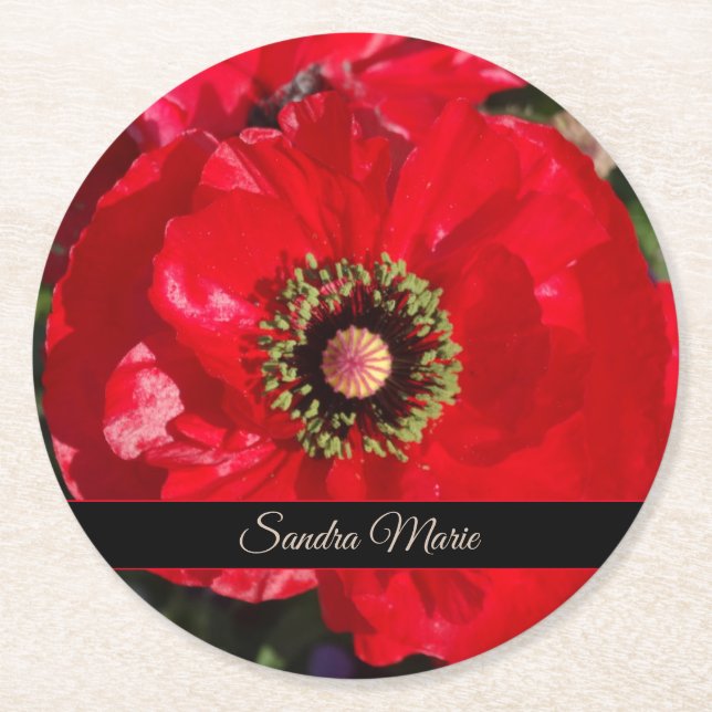Personalize Red poppy flower  Round Paper Coaster (Front)