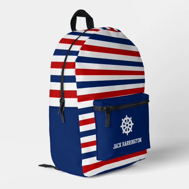 Personalize Red White Blue Nautical Stripes Rudder Printed Backpack (Back Corner Left)