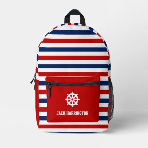 Personalize Red White Blue Nautical Stripes Rudder Printed Backpack