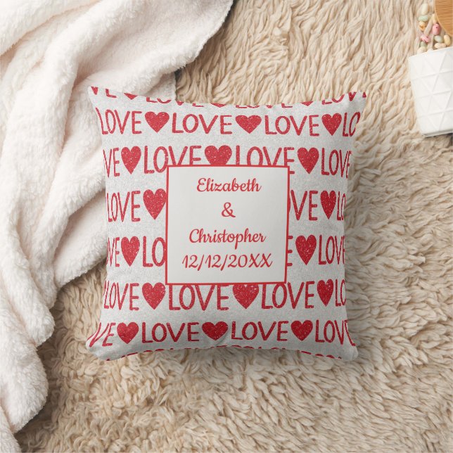 Personalize Red White Love Hearts Wedding Date Throw Pillow (Blanket)