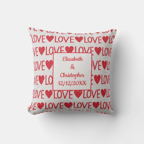 Personalize Red White Love Hearts Wedding Date Throw Pillow