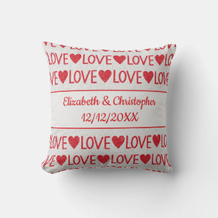Personalize Red White Love Hearts Wedding Date  Throw Pillow