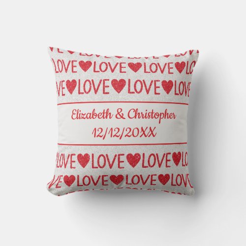 Personalize Red White Love Hearts Wedding Date  Throw Pillow