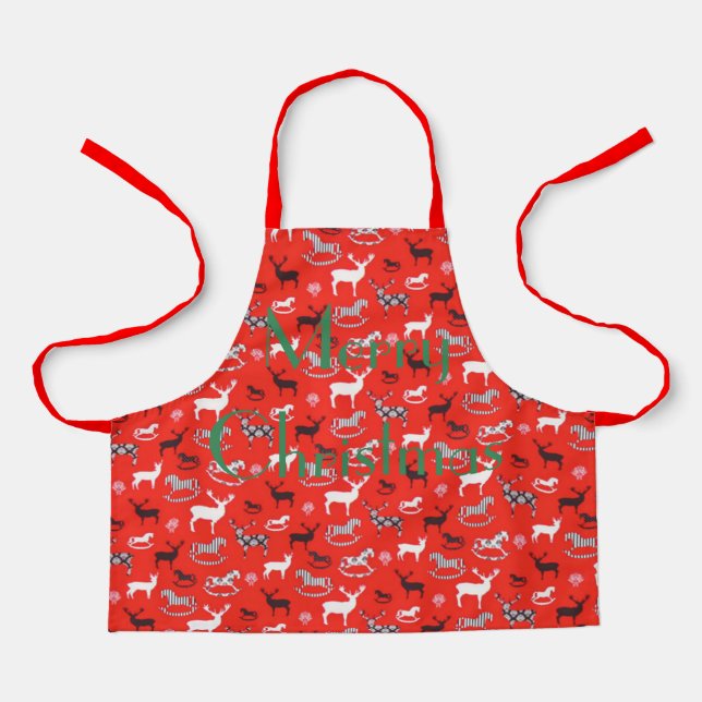 Personalize REINDEER DEER ROCKING HORSE Xmas Apron (Front)